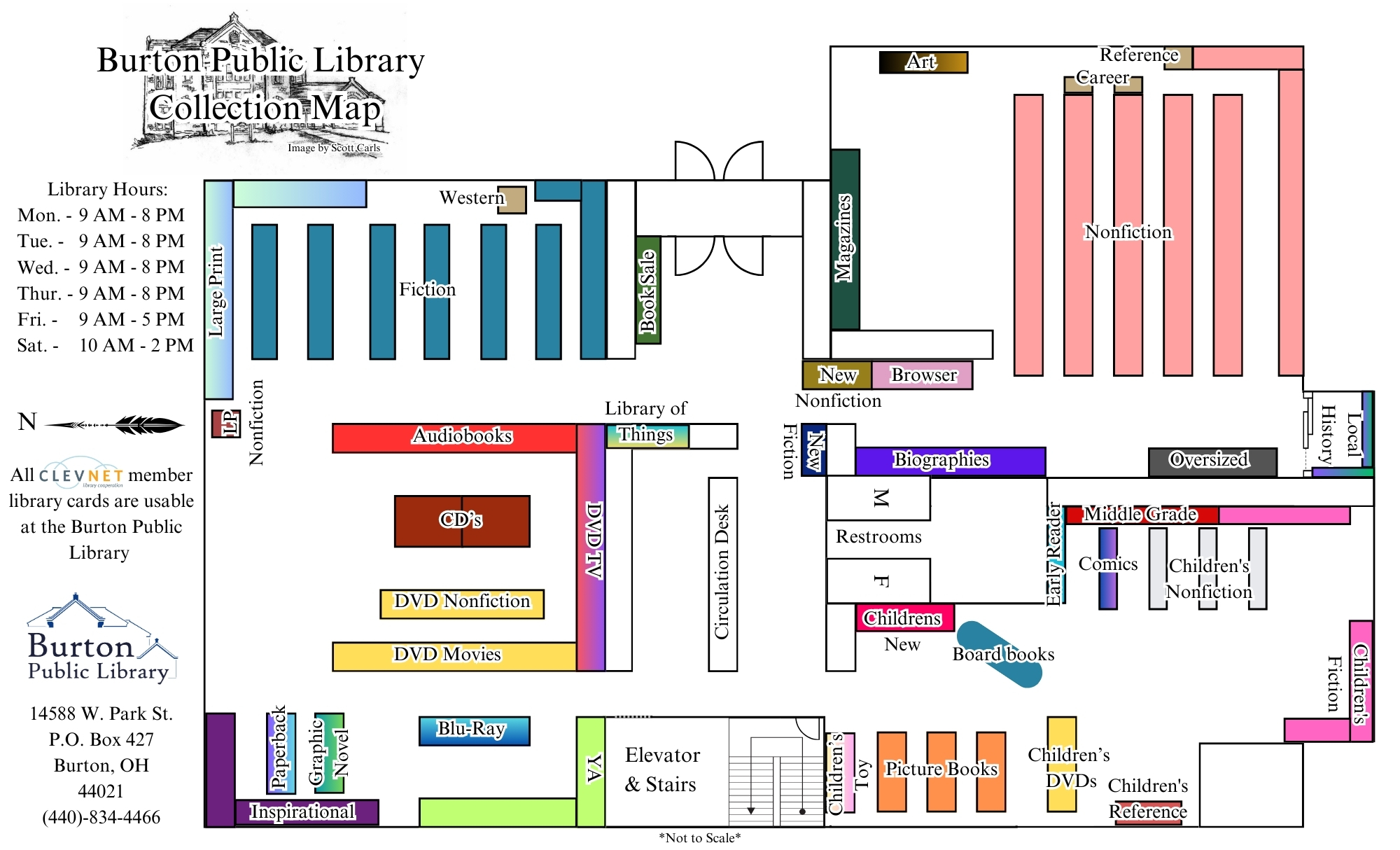 Map of the Library Collection with the hours on the left side and address bellow it. 